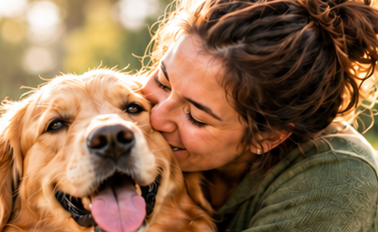 Pet parent hugging her golden retriever